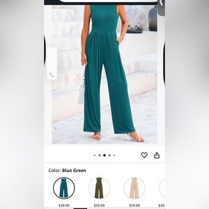 Teal Sleeveless Jumpsuit - PRETTYGARDEN Sleeveless Mock Neck Wide Leg w/ Pockets